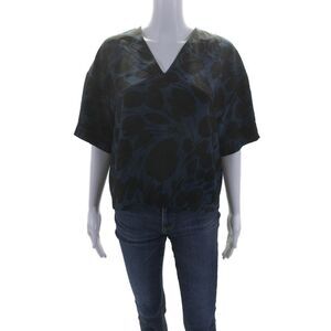 No. 6 Store Womens Silk Blue Floral V-Neck Short Sleeve Blouse Top Size 2